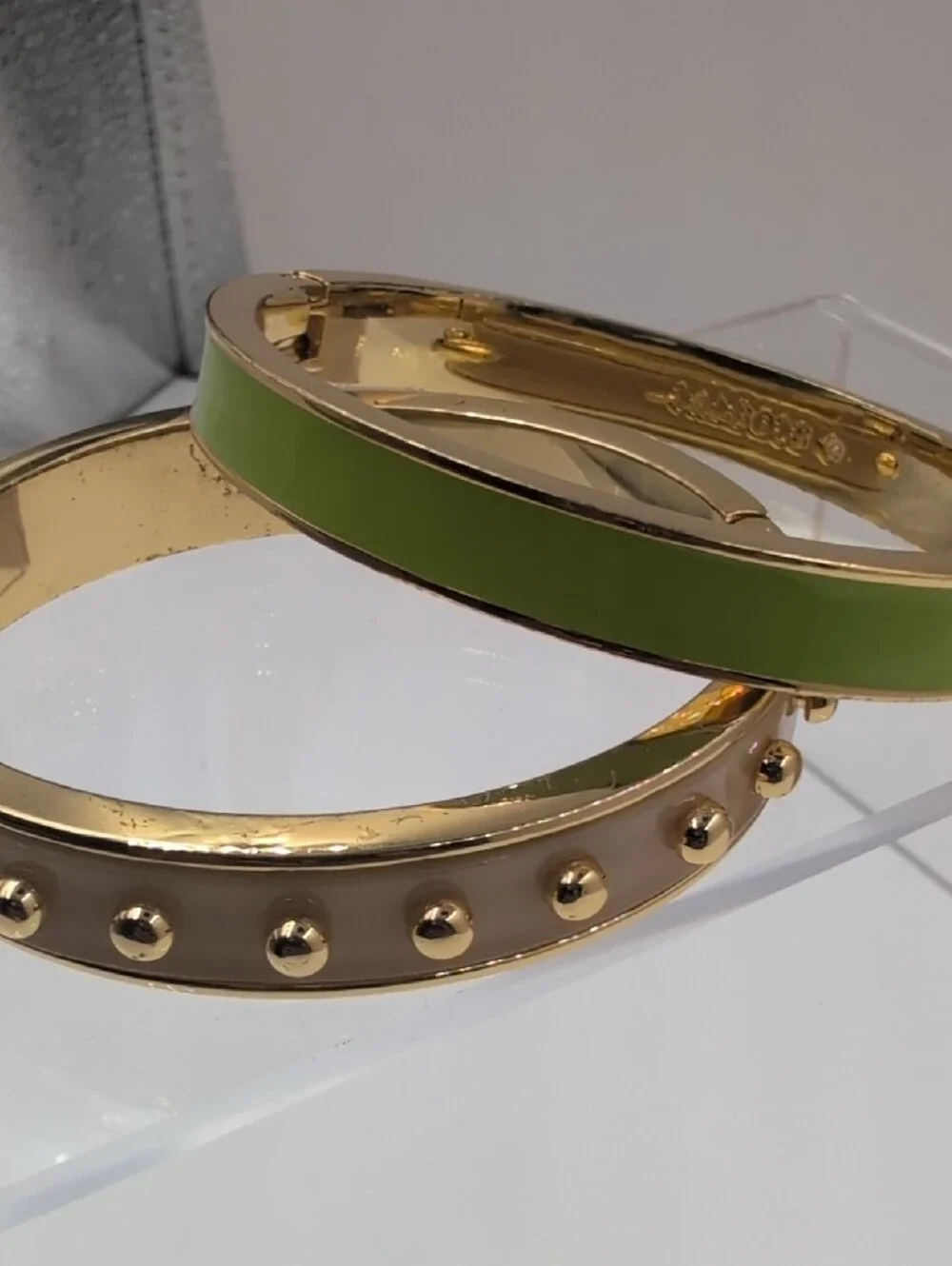Talbots Set of 2 Hinged Bangle Bracelets Gold-Tone Enamel Stack Green Cream 0113